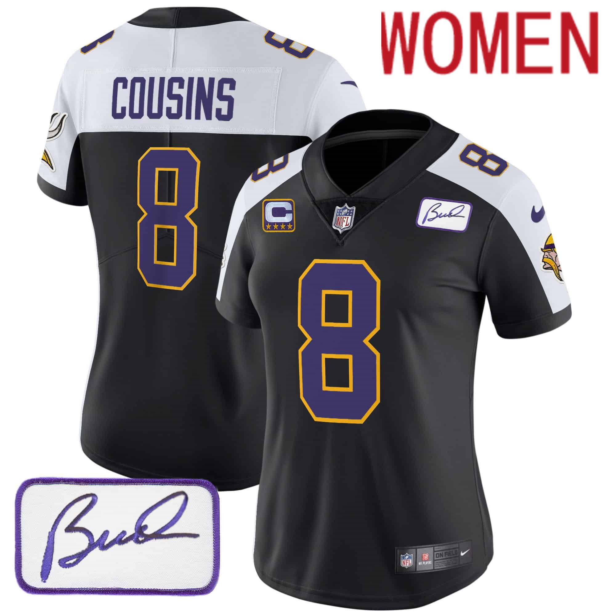 Women Minnesota Vikings 8 Cousins Black 2024 Nike Bud Grant Patch Classic Limited NFL Jersey style 1